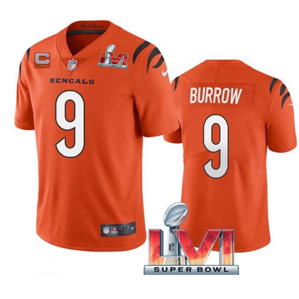 Women's Cincinnati Bengals #9 Joe Burrow 2022 Orange With C Patch Super Bowl LVI Vapor Limited Stitched Jersey(Run Small)