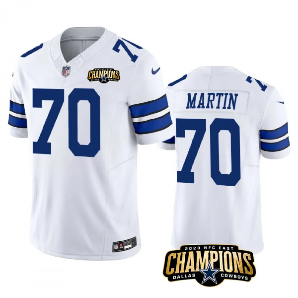Men's Dallas Cowboys #70 Zack Martin White 2023 F.U.S.E. NFC East Champions Patch Stitched Football Jersey