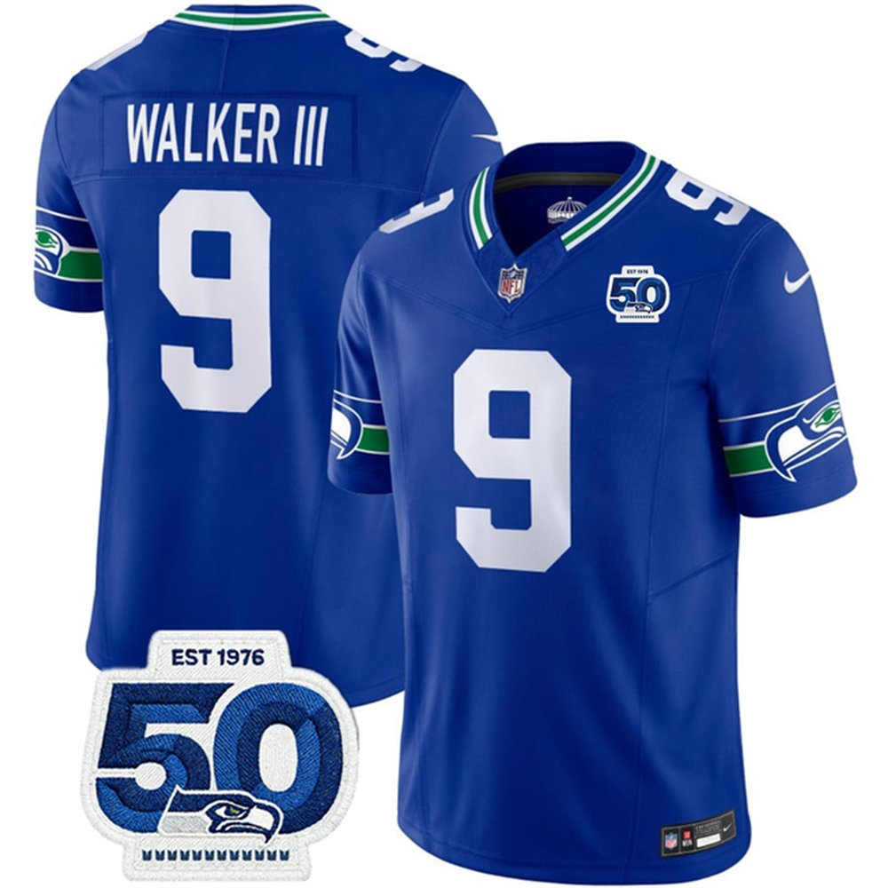 Youth Seattle Seahawks #9 Kenneth Walker III  Royal 2025 F.U.S.E 50th Anniversary Patch Throwback Vapor Limited Stitched Football Jersey