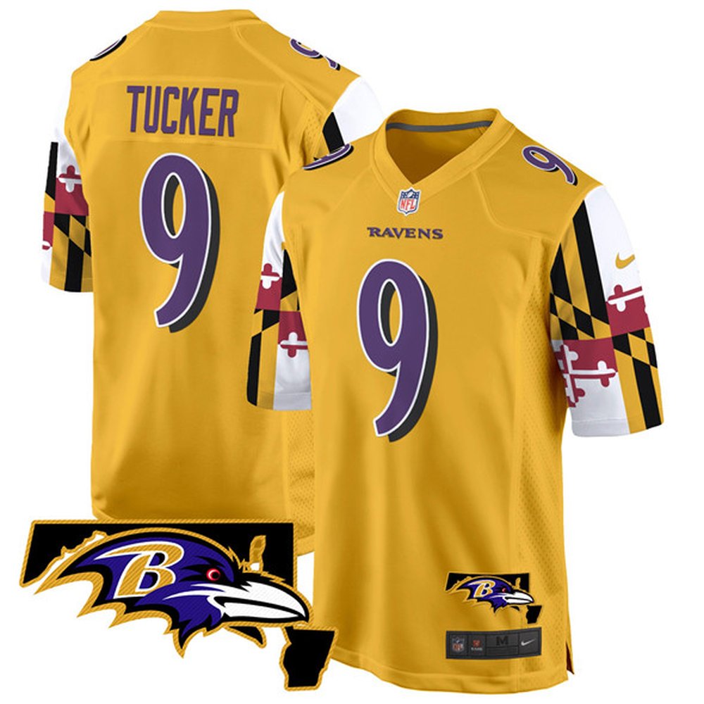 Youth Baltimore Ravens #9 Justin Tucker Gold 2025 Maryland Flag Vapor Limited Football Game Jersey