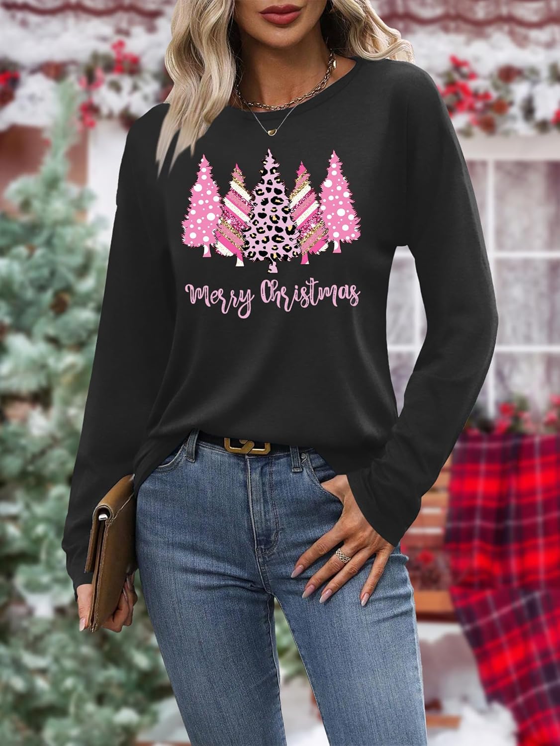 Christmas Shirts for Women: Merry Christmas Letter Print T-Shirts Xmas Tree Graphic Long Sleeve Tops