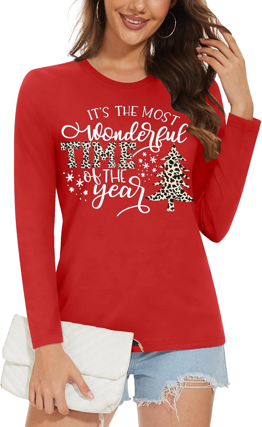 Christmas Shirts for Women: Merry Christmas Letter Print T-Shirts Xmas Tree Graphic Long Sleeve Tops