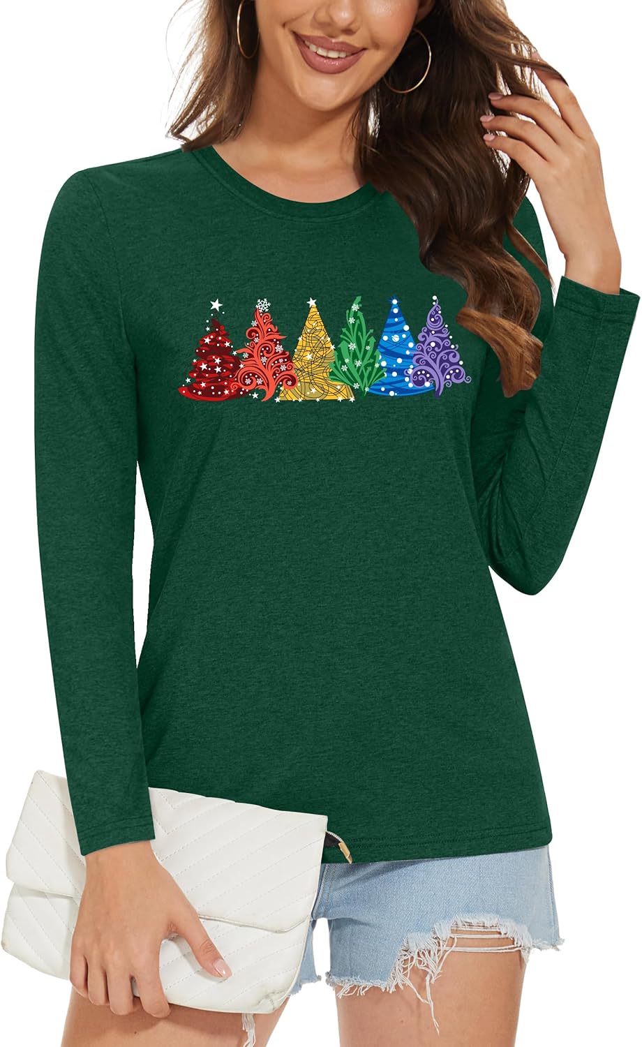 Christmas Shirts for Women: Merry Christmas Letter Print T-Shirts Xmas Tree Graphic Long Sleeve Tops