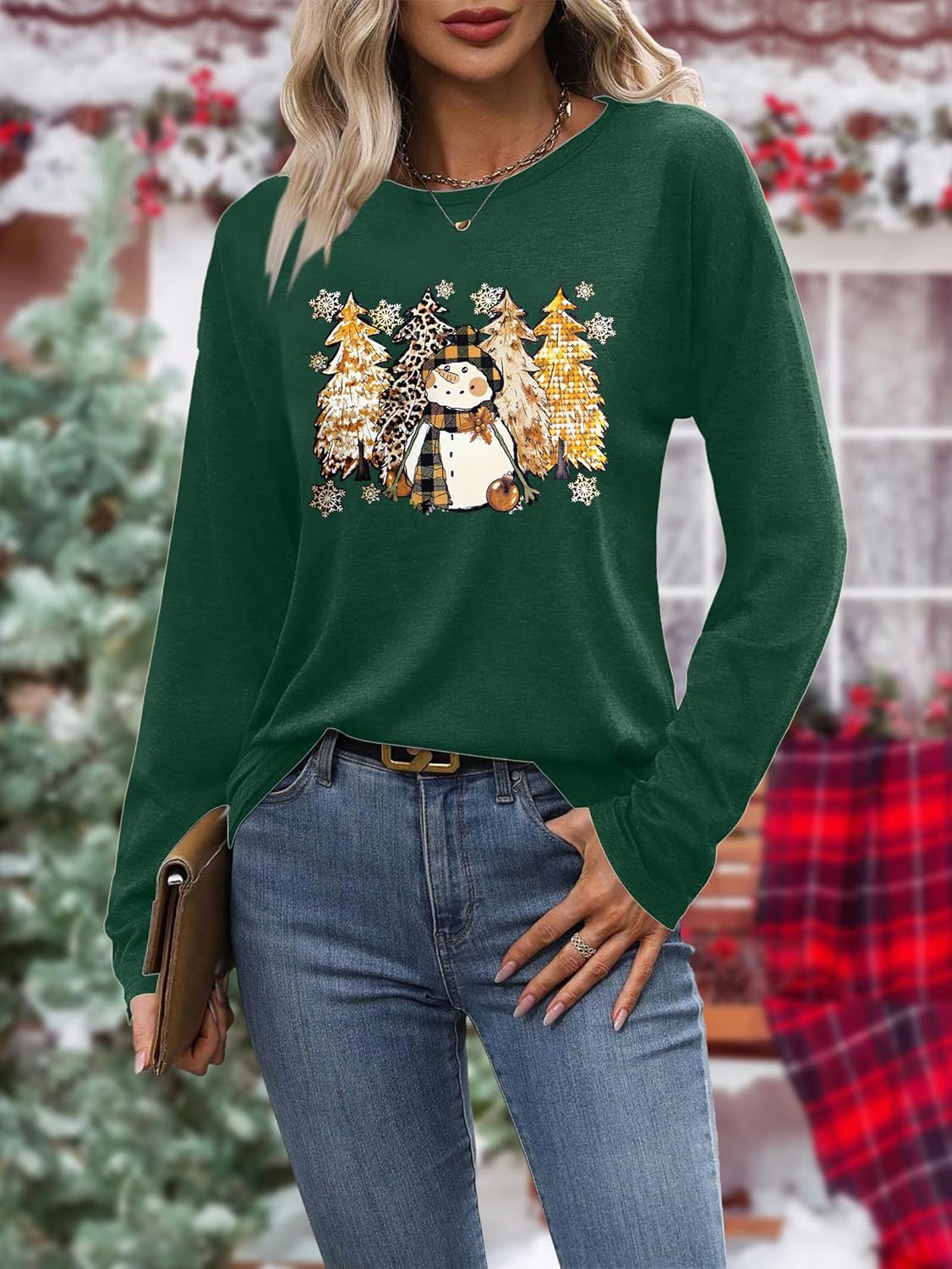Christmas Shirts for Women: Merry Christmas Letter Print T-Shirts Xmas Tree Graphic Long Sleeve Tops