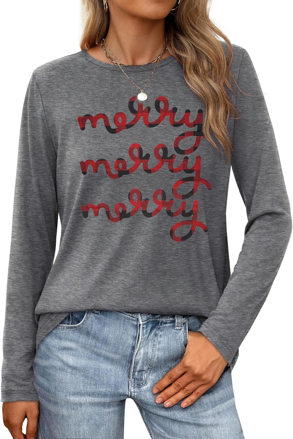 Christmas Shirts for Women: Merry Christmas Letter Print T-Shirts Xmas Tree Graphic Long Sleeve Tops