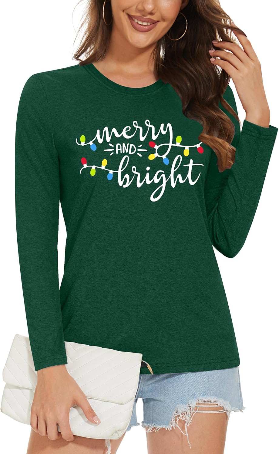 Christmas Shirts for Women: Merry Christmas Letter Print T-Shirts Xmas Tree Graphic Long Sleeve Tops
