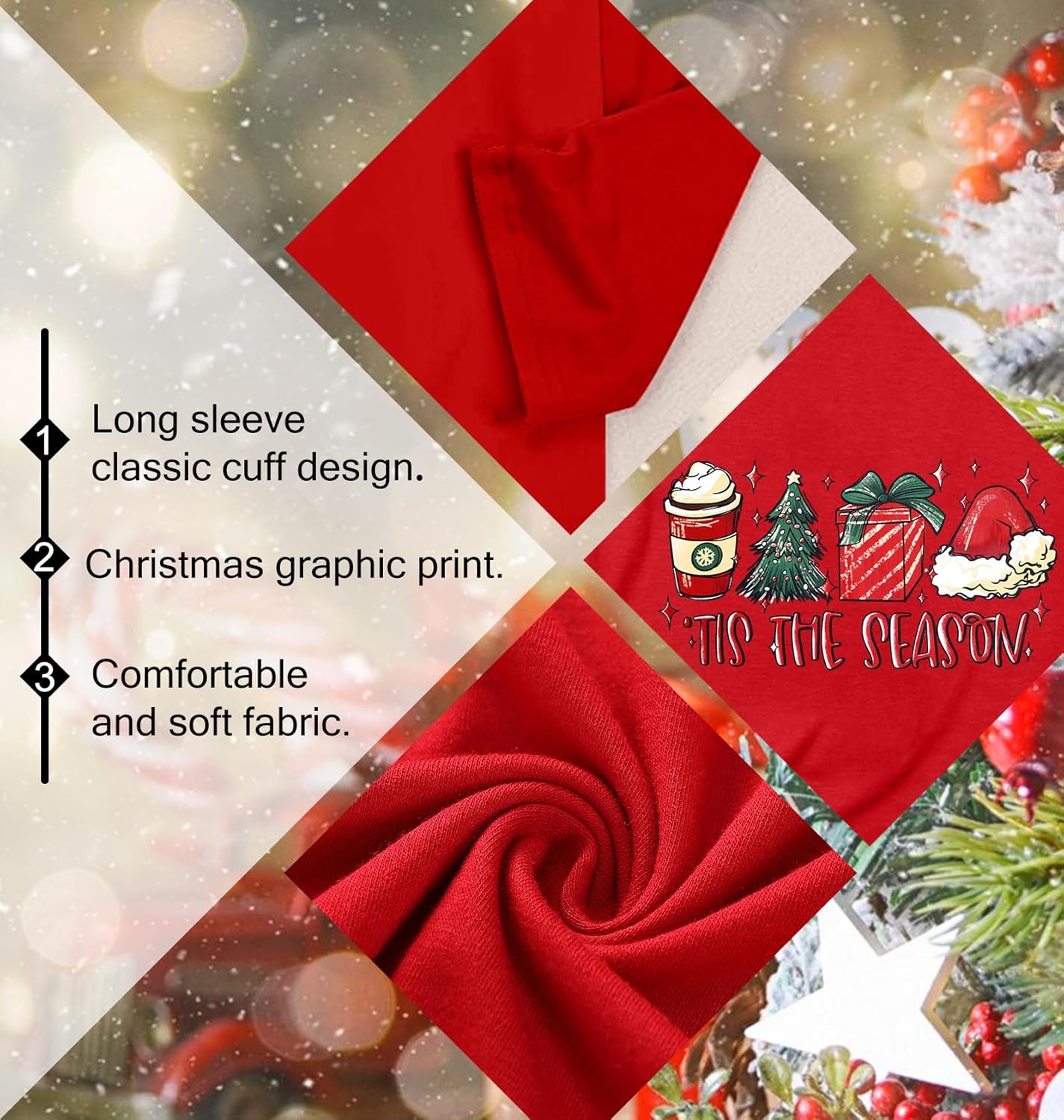 Christmas Shirts for Women: Merry Christmas Letter Print T-Shirts Xmas Tree Graphic Long Sleeve Tops