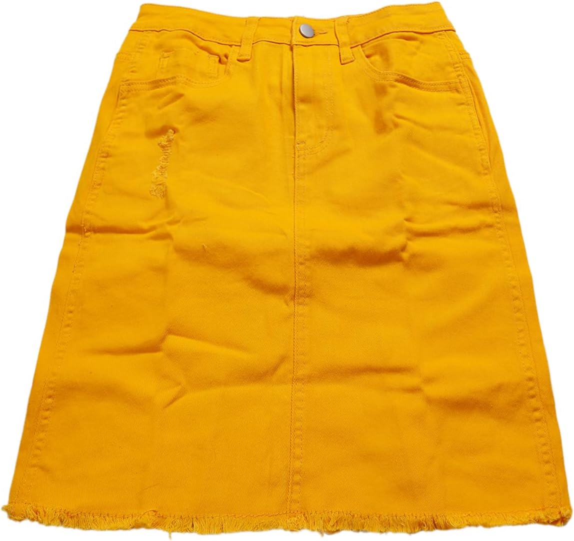 Allegra K Women's Basic Distressed High Waist Ripped Hem Washed Jeans Denim Skirt