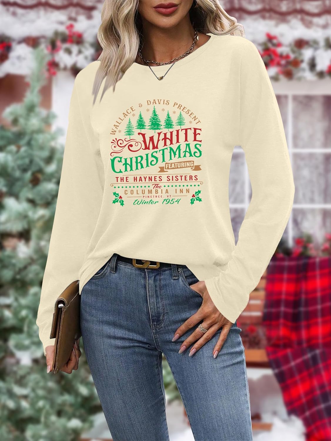 Christmas Shirts for Women: Merry Christmas Letter Print T-Shirts Xmas Tree Graphic Long Sleeve Tops
