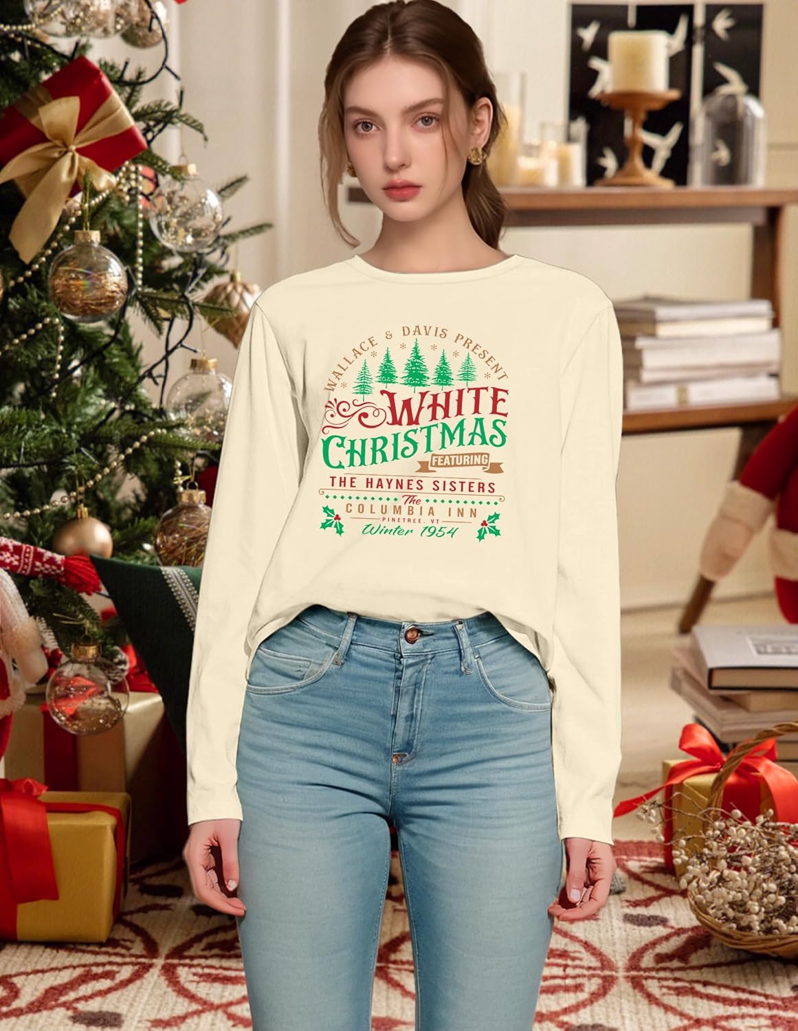 Christmas Shirts for Women: Merry Christmas Letter Print T-Shirts Xmas Tree Graphic Long Sleeve Tops