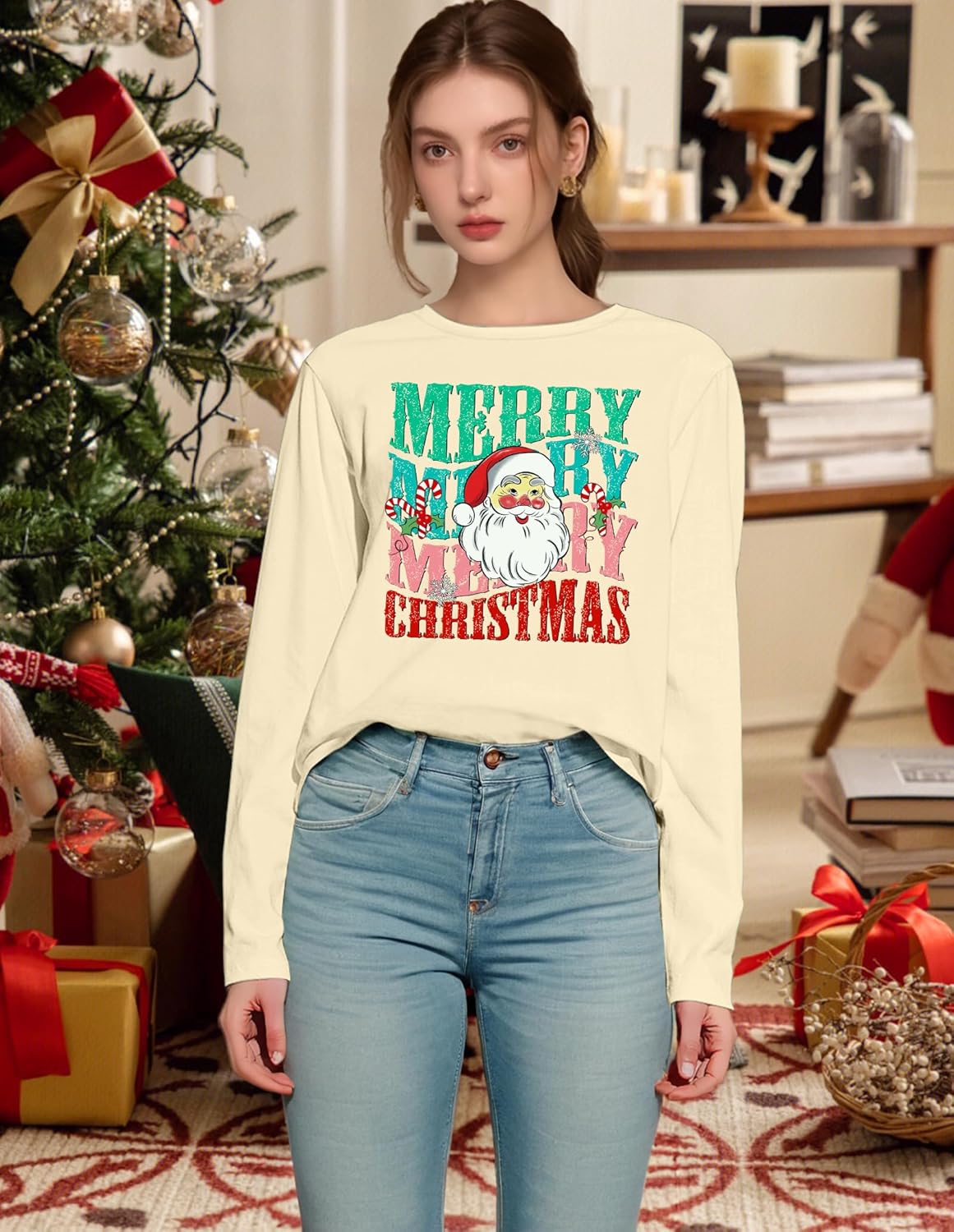 Christmas Shirts for Women: Merry Christmas Letter Print T-Shirts Xmas Tree Graphic Long Sleeve Tops