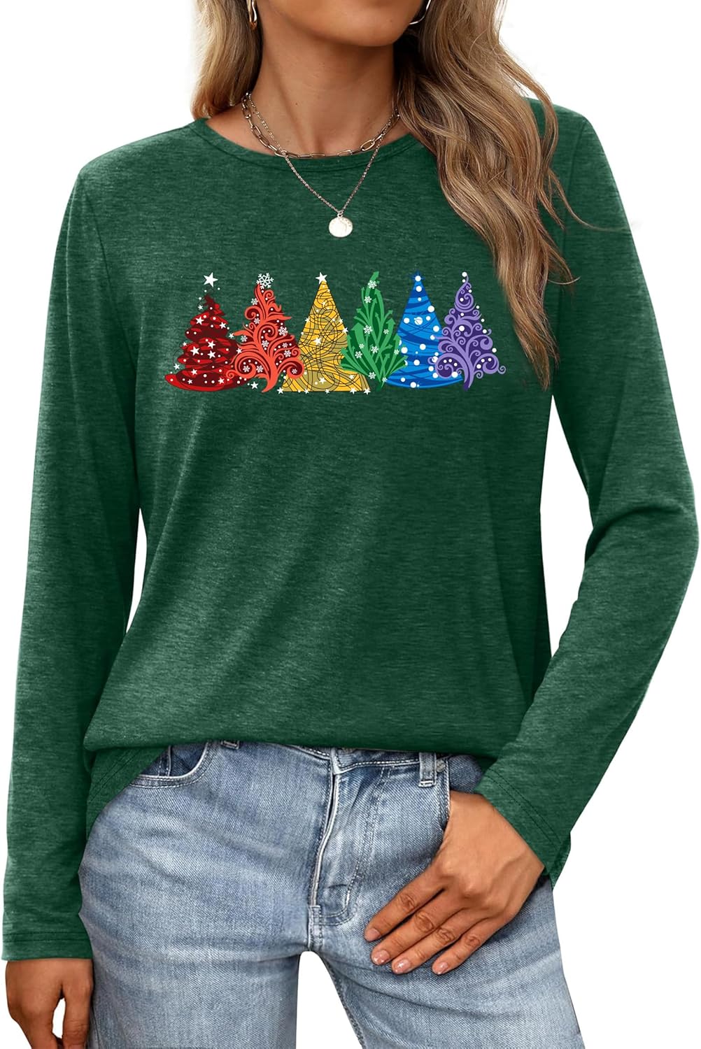 Christmas Shirts for Women: Merry Christmas Letter Print T-Shirts Xmas Tree Graphic Long Sleeve Tops