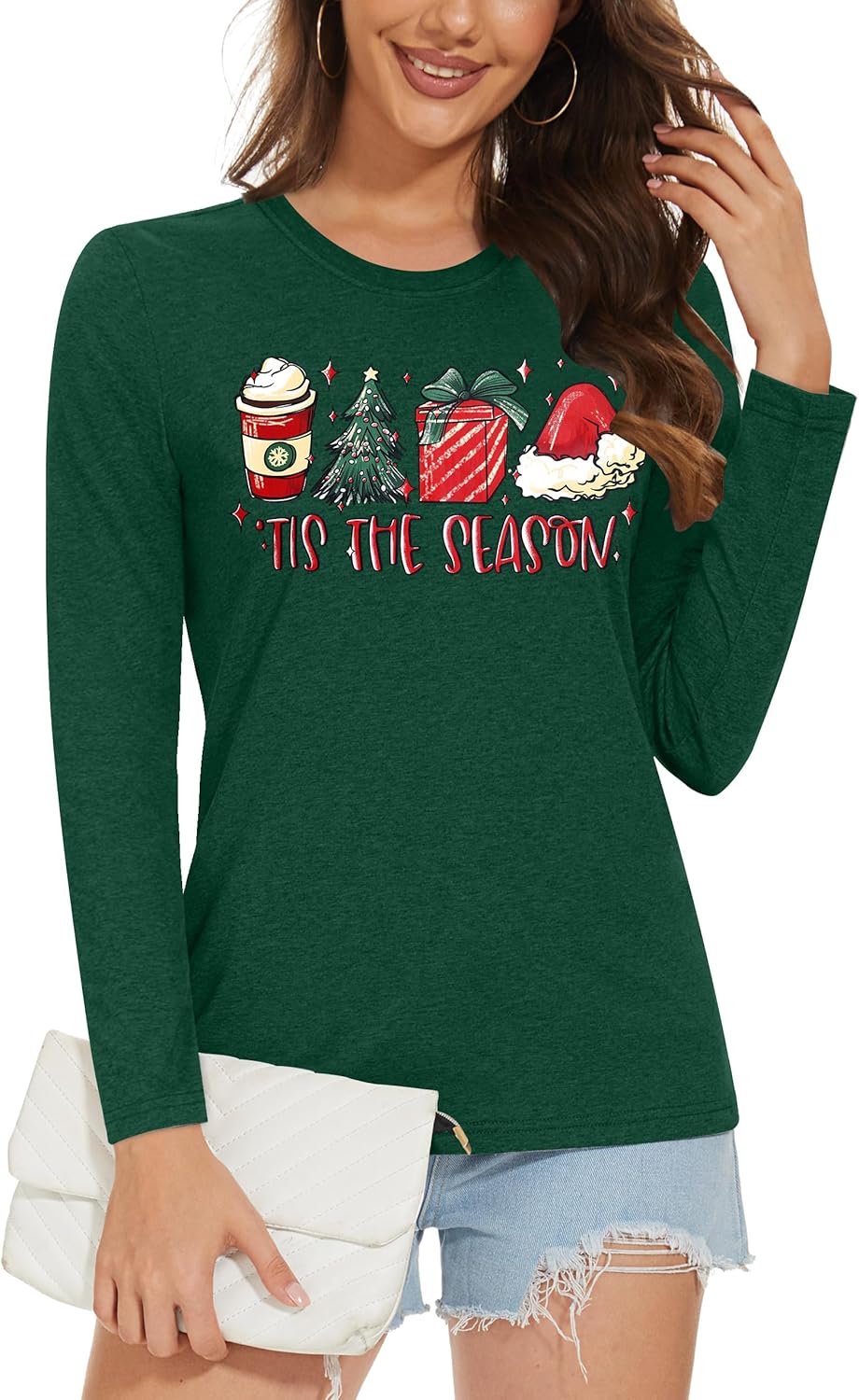 Christmas Shirts for Women: Merry Christmas Letter Print T-Shirts Xmas Tree Graphic Long Sleeve Tops