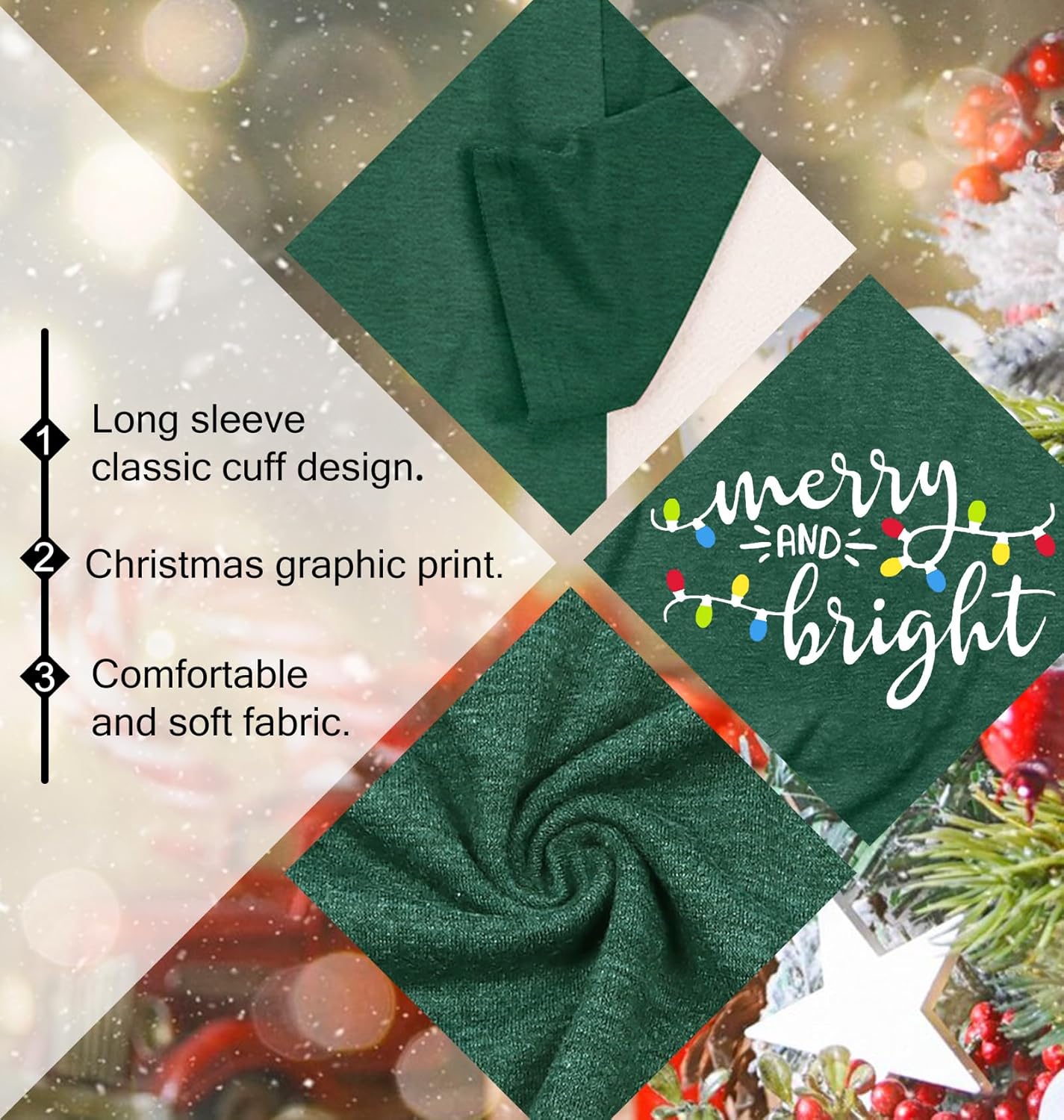 Christmas Shirts for Women: Merry Christmas Letter Print T-Shirts Xmas Tree Graphic Long Sleeve Tops