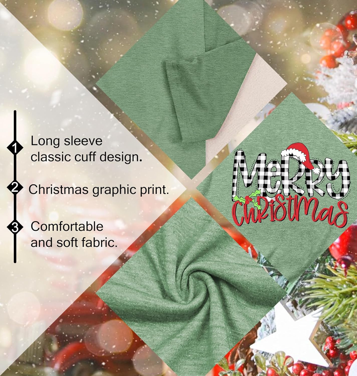 Christmas Shirts for Women: Merry Christmas Letter Print T-Shirts Xmas Tree Graphic Long Sleeve Tops