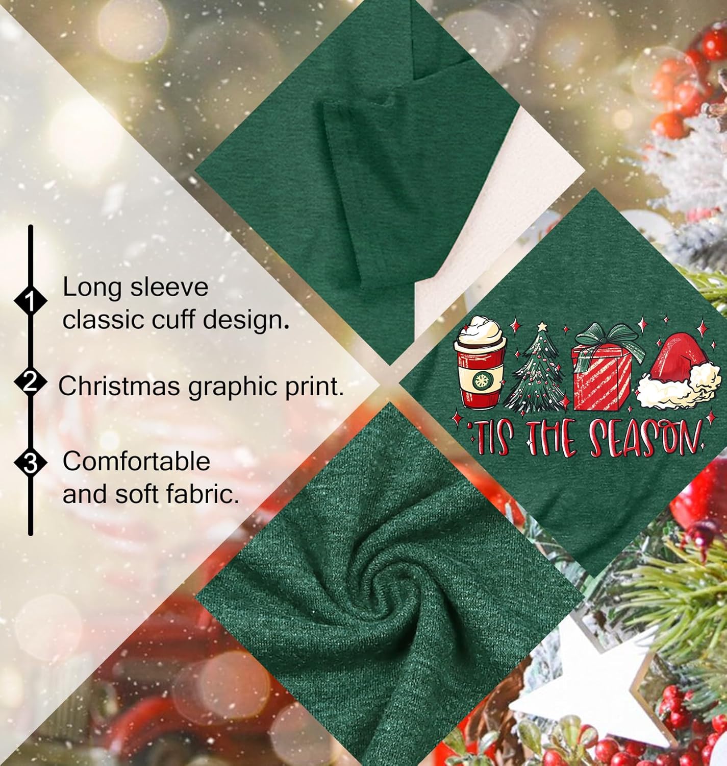 Christmas Shirts for Women: Merry Christmas Letter Print T-Shirts Xmas Tree Graphic Long Sleeve Tops