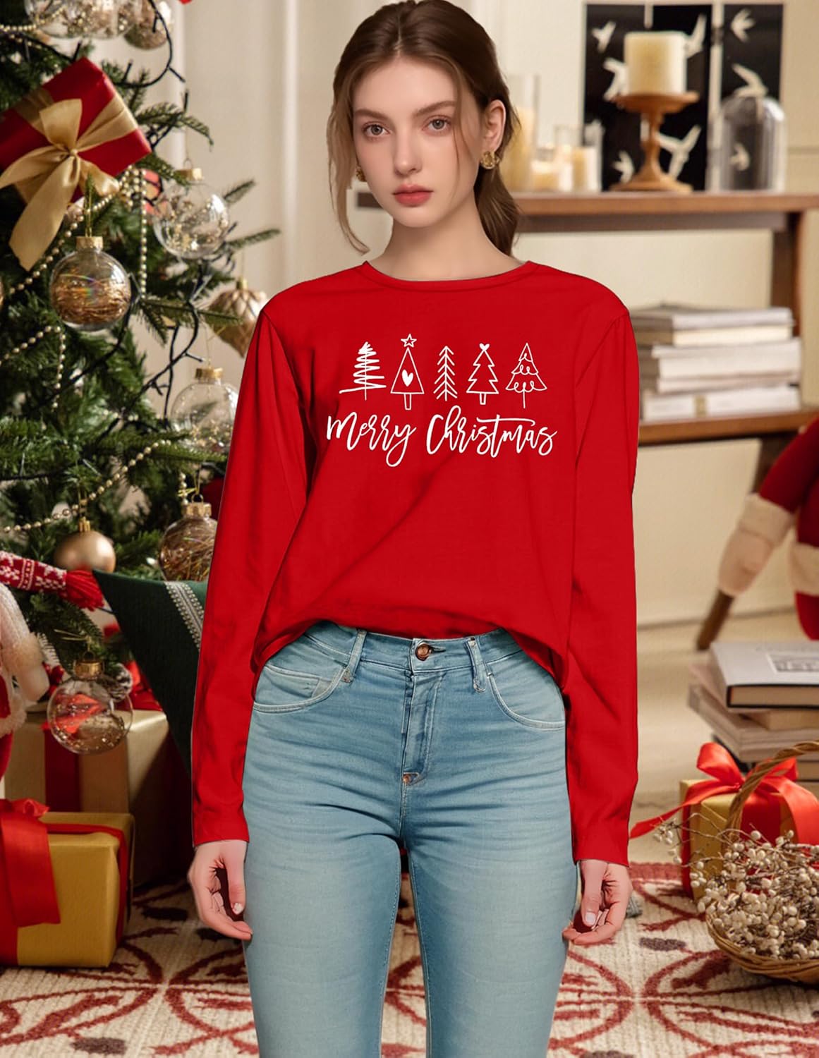 Christmas Shirts for Women: Merry Christmas Letter Print T-Shirts Xmas Tree Graphic Long Sleeve Tops