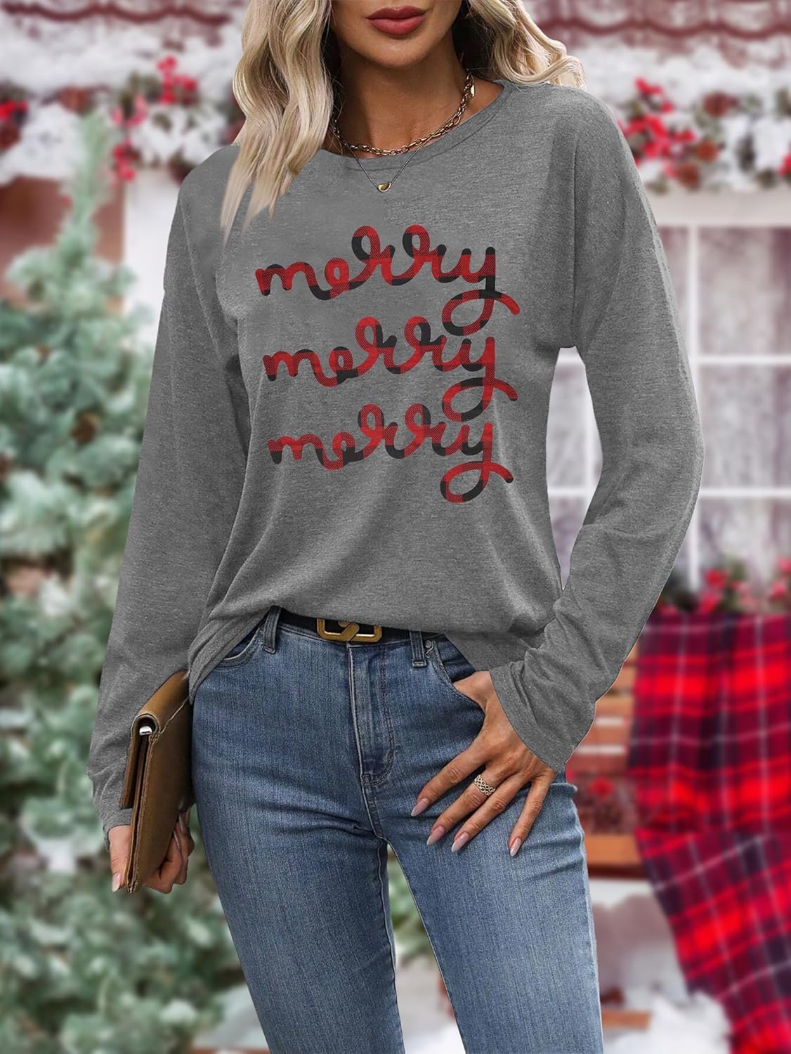 Christmas Shirts for Women: Merry Christmas Letter Print T-Shirts Xmas Tree Graphic Long Sleeve Tops