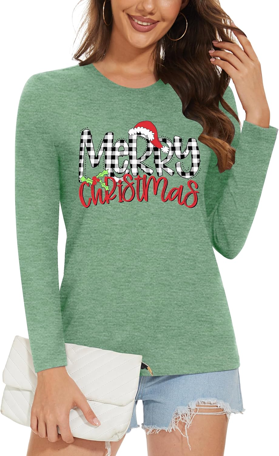 Christmas Shirts for Women: Merry Christmas Letter Print T-Shirts Xmas Tree Graphic Long Sleeve Tops