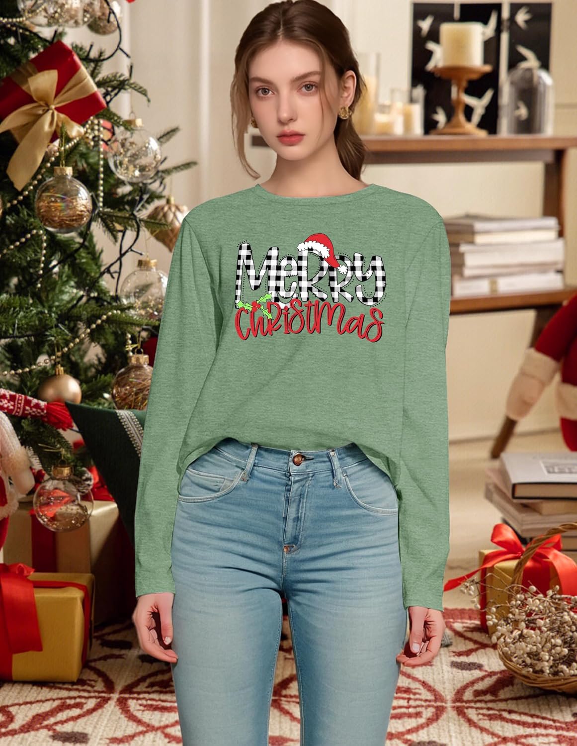 Christmas Shirts for Women: Merry Christmas Letter Print T-Shirts Xmas Tree Graphic Long Sleeve Tops
