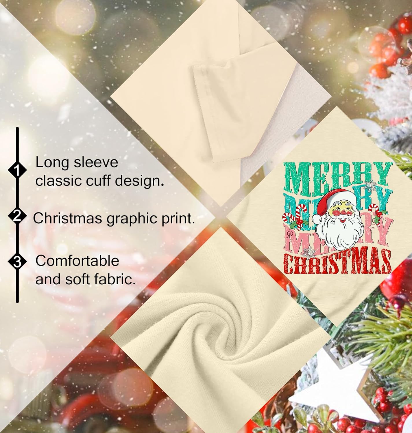 Christmas Shirts for Women: Merry Christmas Letter Print T-Shirts Xmas Tree Graphic Long Sleeve Tops