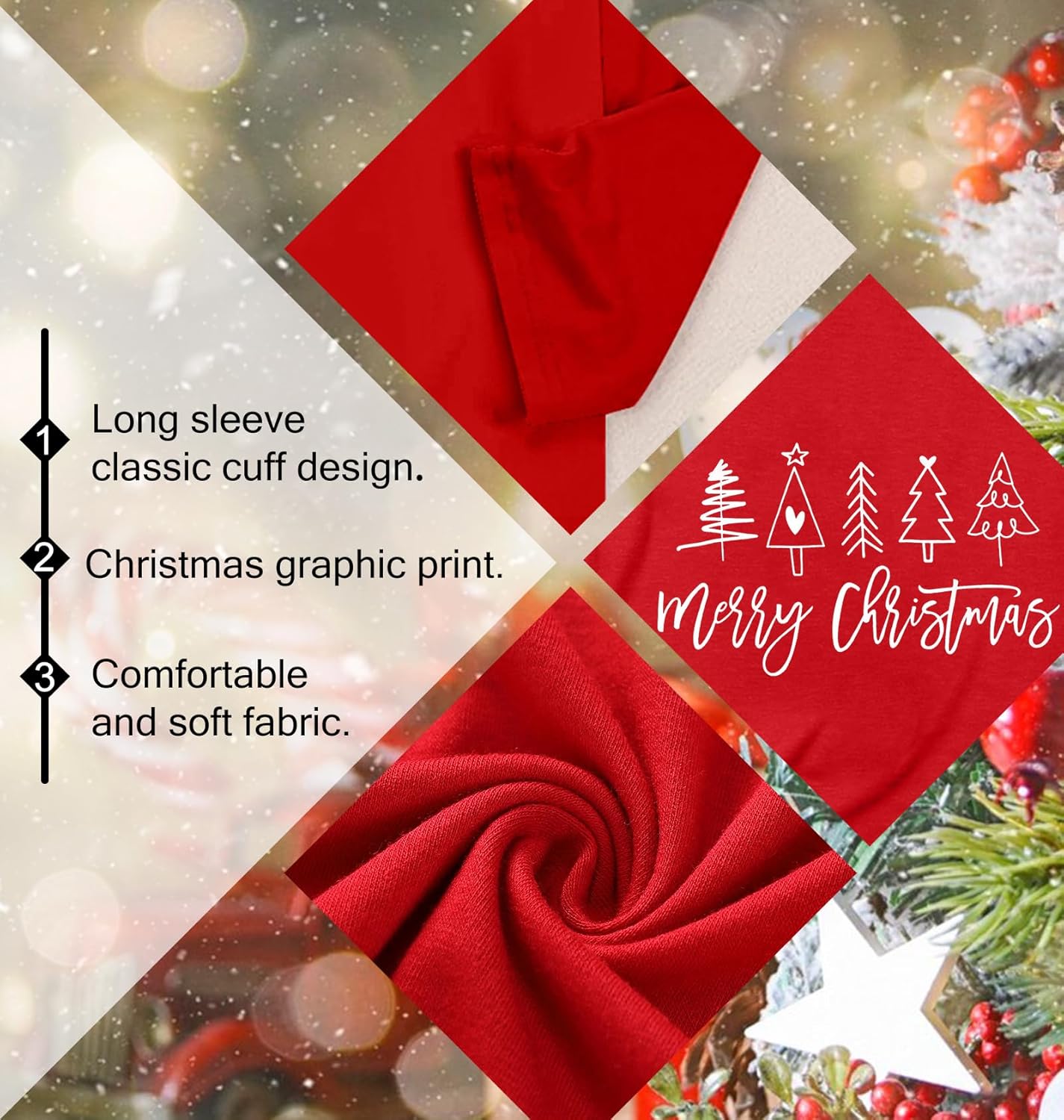 Christmas Shirts for Women: Merry Christmas Letter Print T-Shirts Xmas Tree Graphic Long Sleeve Tops