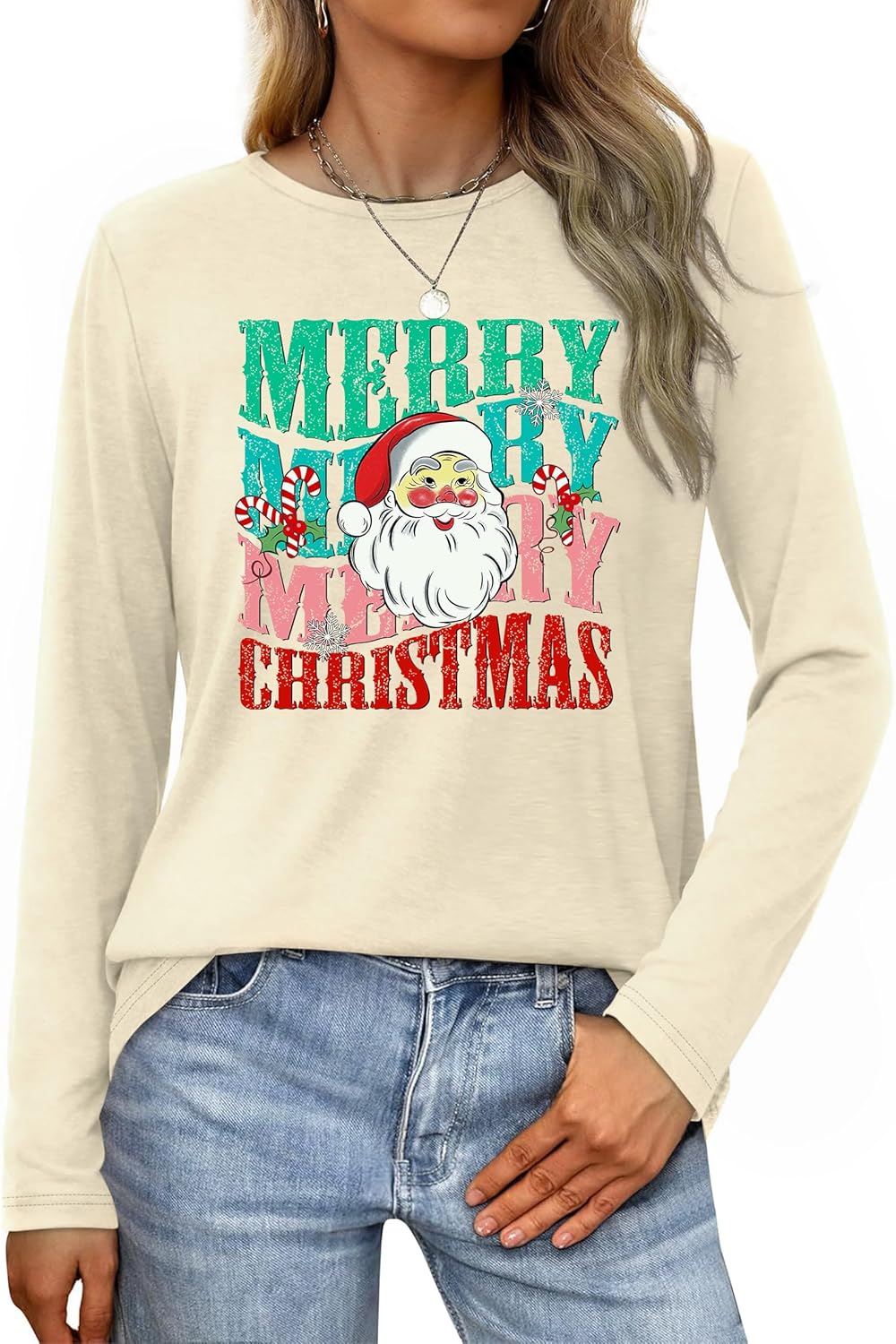 Christmas Shirts for Women: Merry Christmas Letter Print T-Shirts Xmas Tree Graphic Long Sleeve Tops