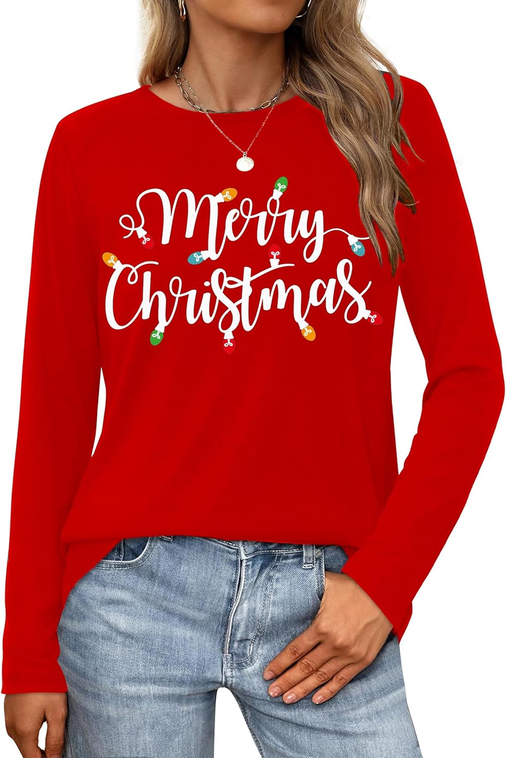 Christmas Shirts for Women: Merry Christmas Letter Print T-Shirts Xmas Tree Graphic Long Sleeve Tops
