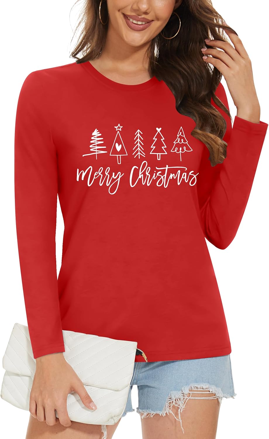 Christmas Shirts for Women: Merry Christmas Letter Print T-Shirts Xmas Tree Graphic Long Sleeve Tops