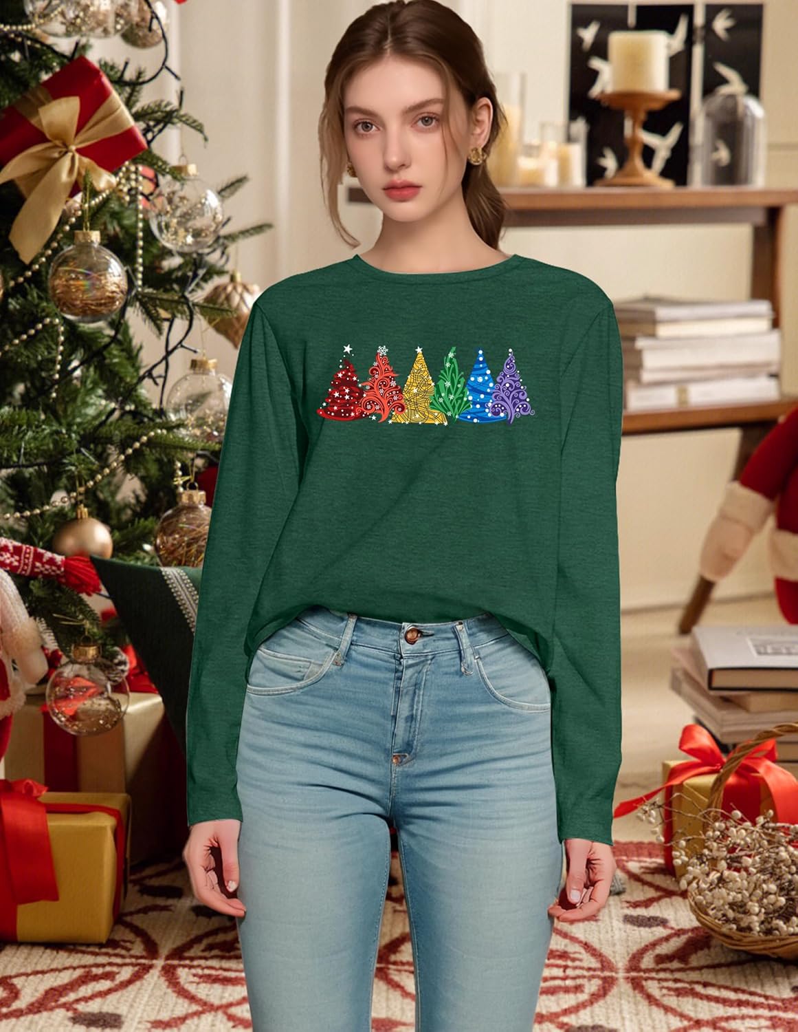 Christmas Shirts for Women: Merry Christmas Letter Print T-Shirts Xmas Tree Graphic Long Sleeve Tops
