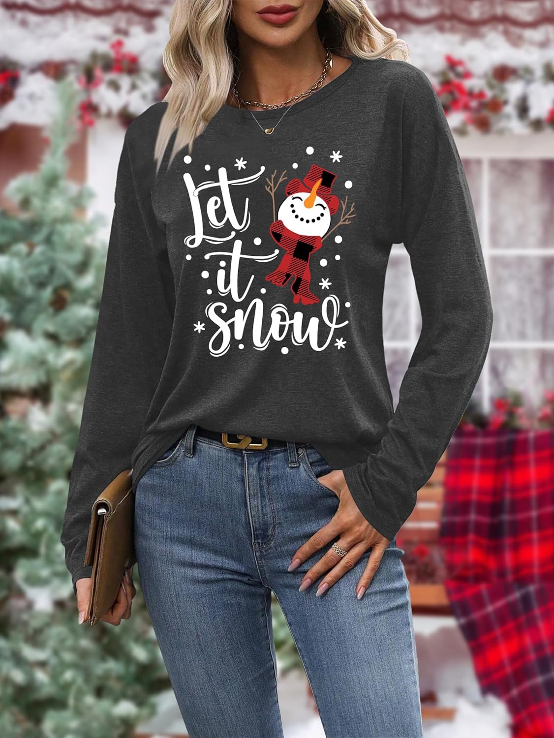 Christmas Shirts for Women: Merry Christmas Letter Print T-Shirts Xmas Tree Graphic Long Sleeve Tops