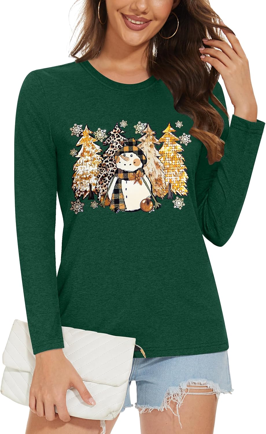 Christmas Shirts for Women: Merry Christmas Letter Print T-Shirts Xmas Tree Graphic Long Sleeve Tops