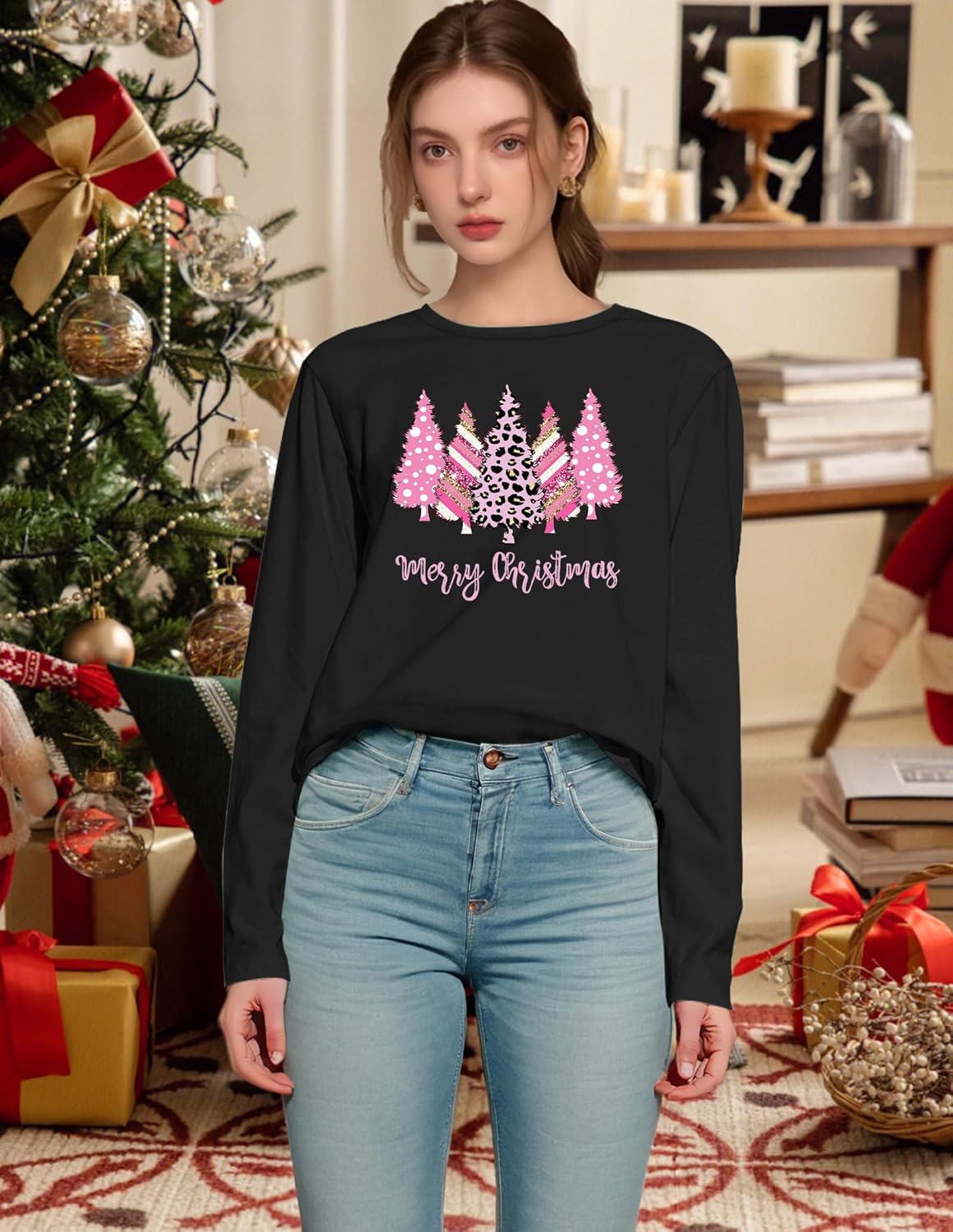 Christmas Shirts for Women: Merry Christmas Letter Print T-Shirts Xmas Tree Graphic Long Sleeve Tops