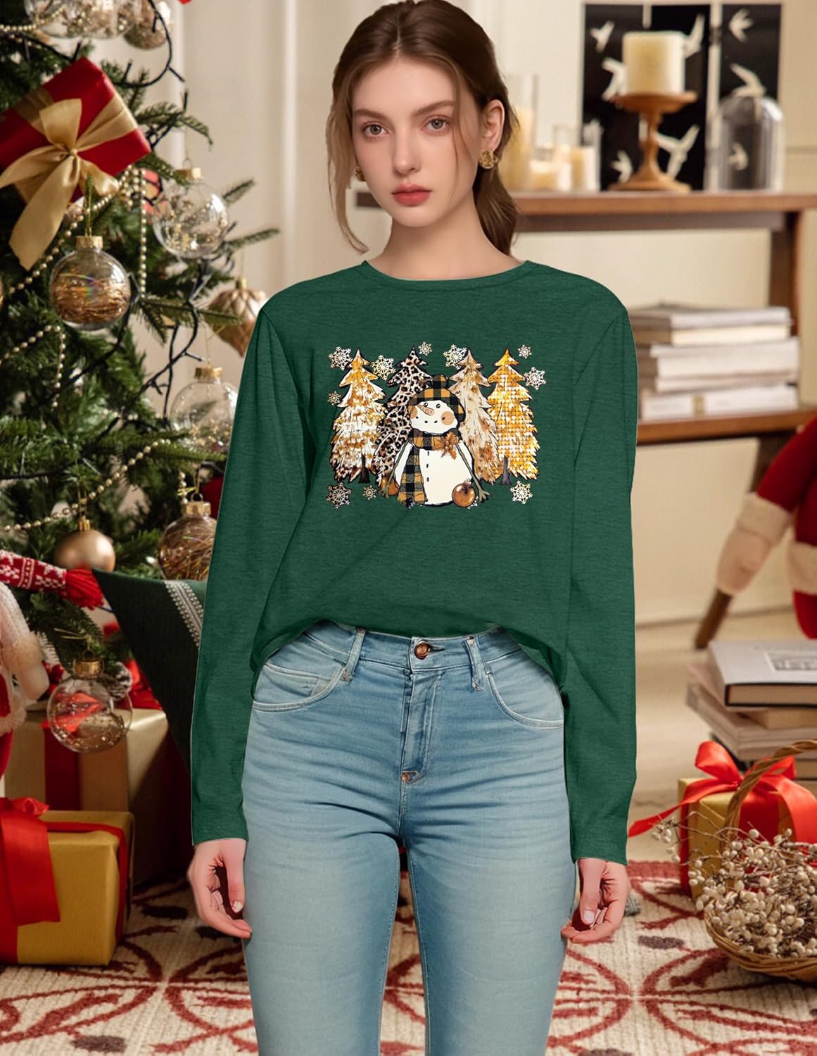 Christmas Shirts for Women: Merry Christmas Letter Print T-Shirts Xmas Tree Graphic Long Sleeve Tops