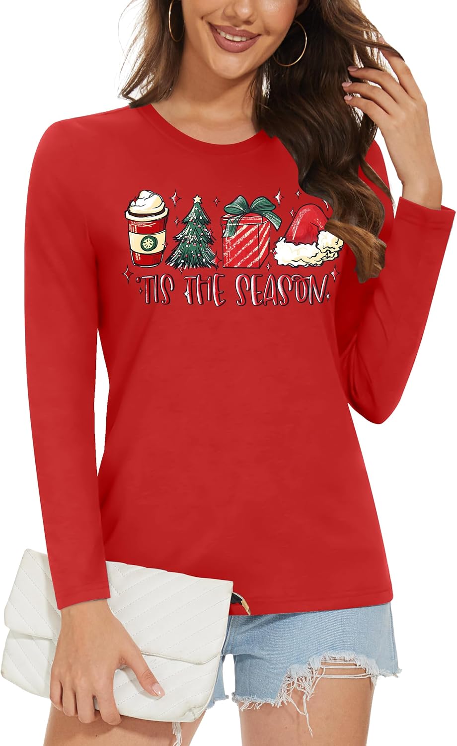 Christmas Shirts for Women: Merry Christmas Letter Print T-Shirts Xmas Tree Graphic Long Sleeve Tops