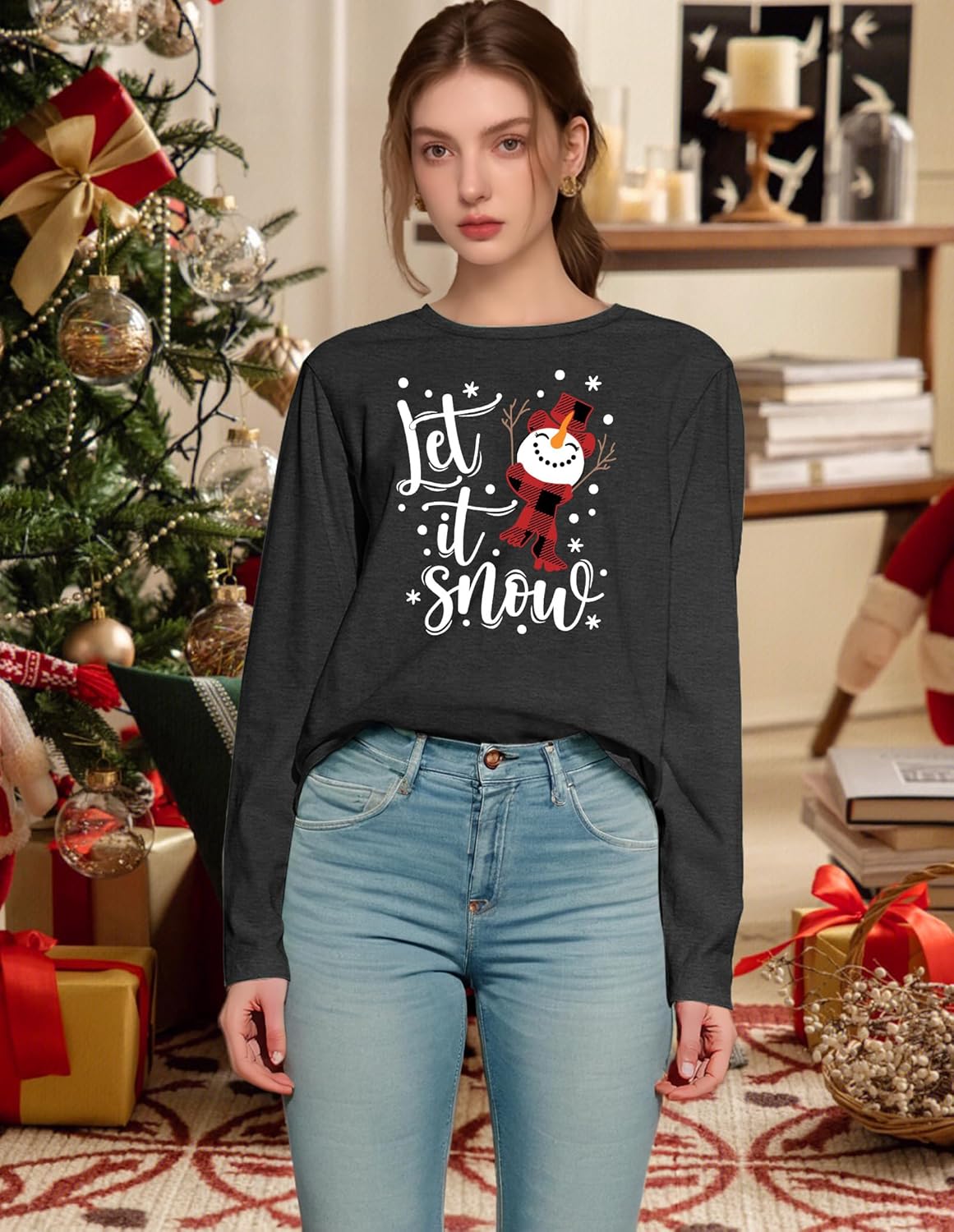 Christmas Shirts for Women: Merry Christmas Letter Print T-Shirts Xmas Tree Graphic Long Sleeve Tops