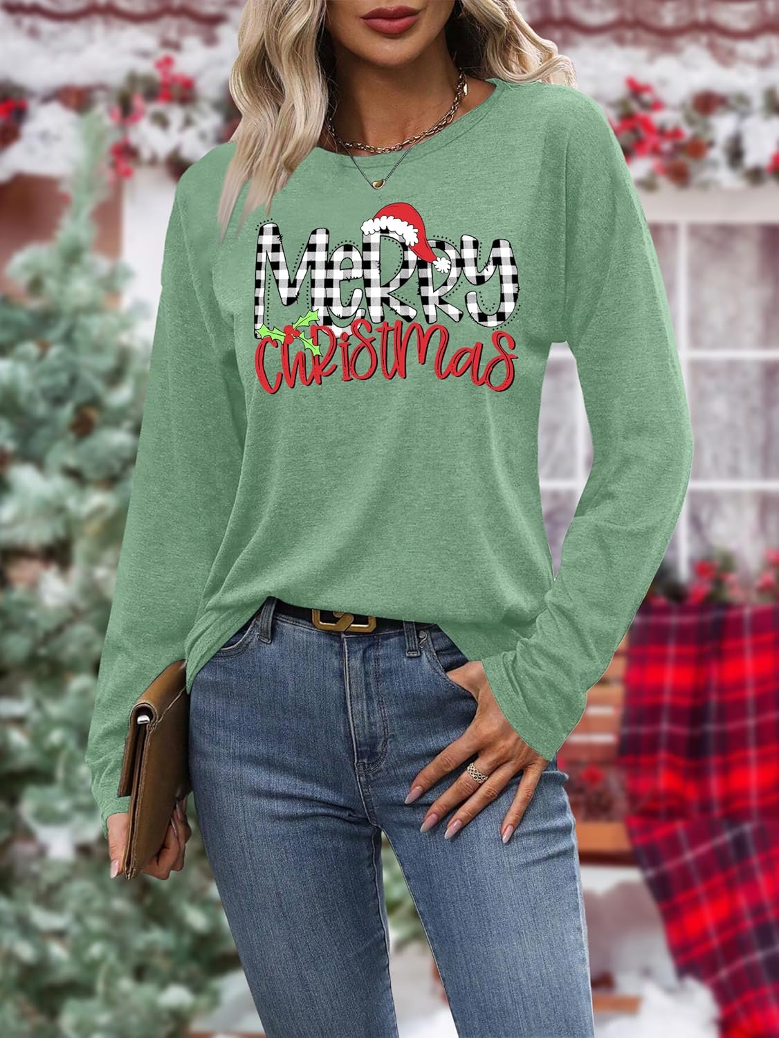 Christmas Shirts for Women: Merry Christmas Letter Print T-Shirts Xmas Tree Graphic Long Sleeve Tops