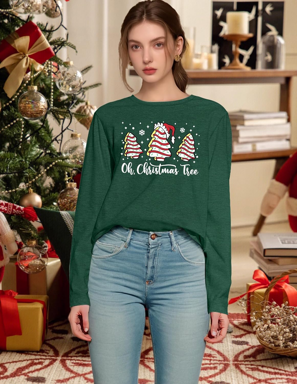 Christmas Shirts for Women: Merry Christmas Letter Print T-Shirts Xmas Tree Graphic Long Sleeve Tops