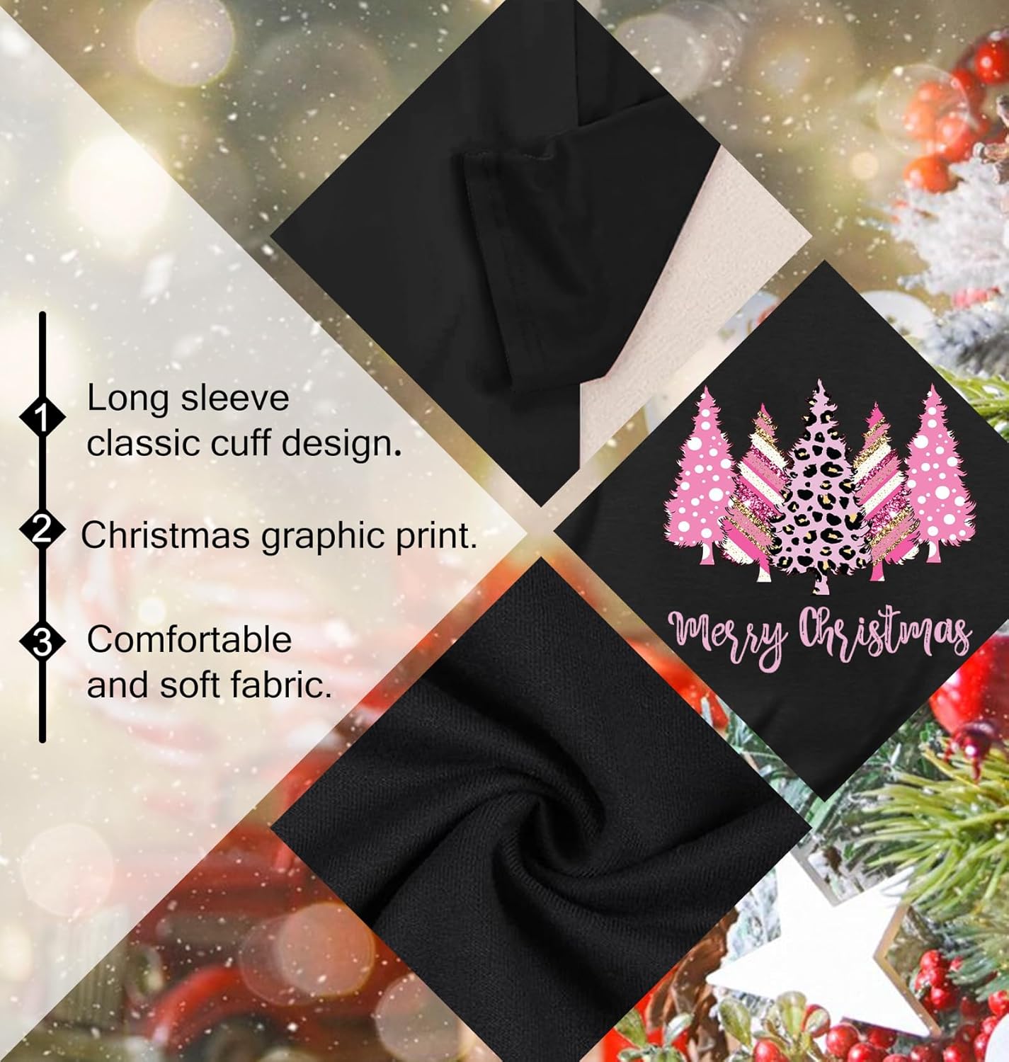 Christmas Shirts for Women: Merry Christmas Letter Print T-Shirts Xmas Tree Graphic Long Sleeve Tops