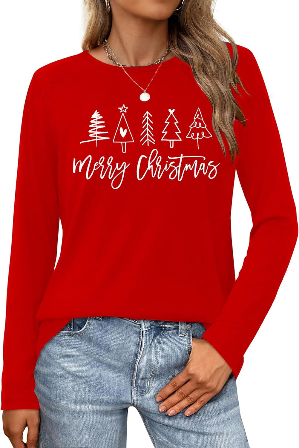Christmas Shirts for Women: Merry Christmas Letter Print T-Shirts Xmas Tree Graphic Long Sleeve Tops