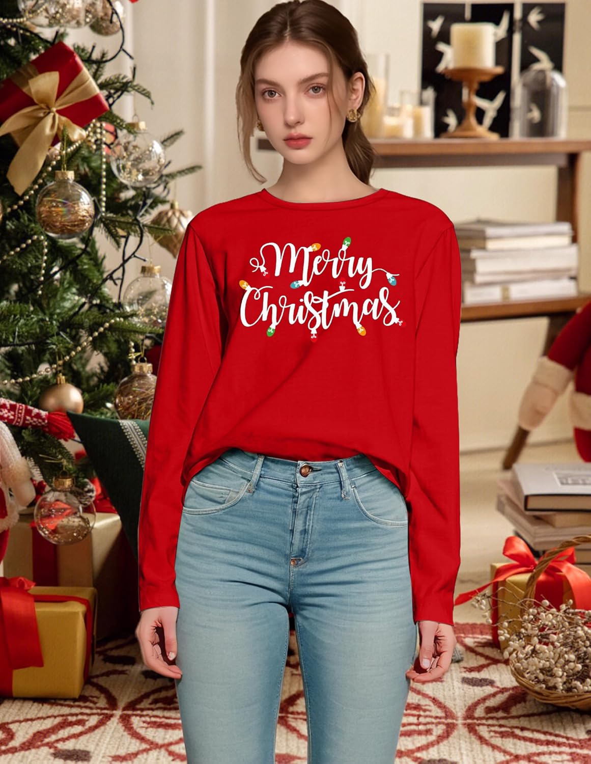 Christmas Shirts for Women: Merry Christmas Letter Print T-Shirts Xmas Tree Graphic Long Sleeve Tops