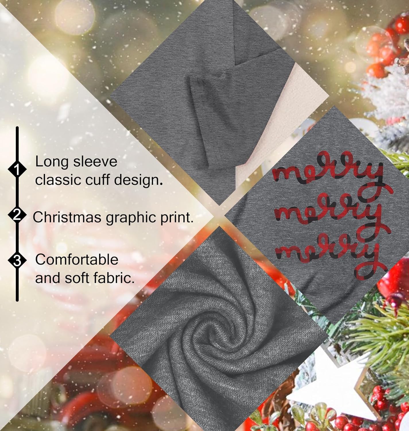 Christmas Shirts for Women: Merry Christmas Letter Print T-Shirts Xmas Tree Graphic Long Sleeve Tops