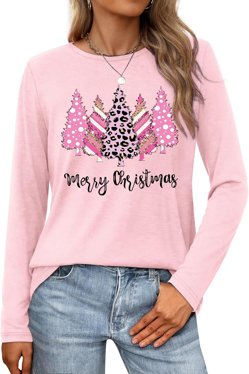 Christmas Shirts for Women: Merry Christmas Letter Print T-Shirts Xmas Tree Graphic Long Sleeve Tops