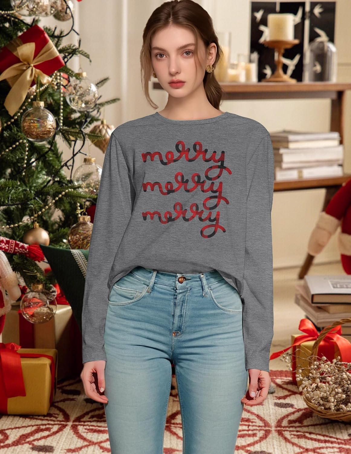 Christmas Shirts for Women: Merry Christmas Letter Print T-Shirts Xmas Tree Graphic Long Sleeve Tops