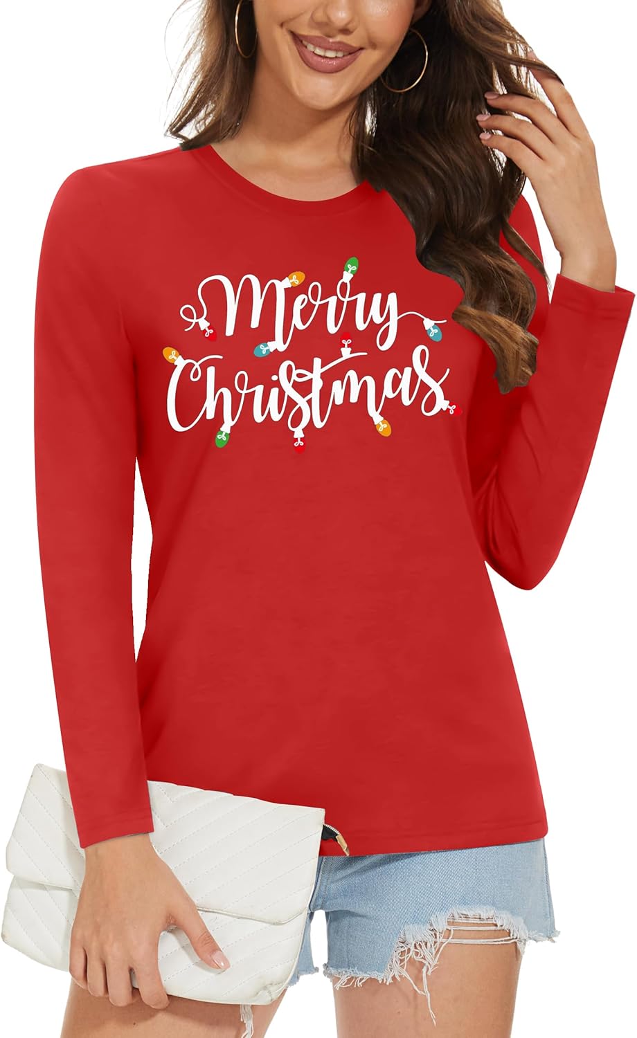 Christmas Shirts for Women: Merry Christmas Letter Print T-Shirts Xmas Tree Graphic Long Sleeve Tops