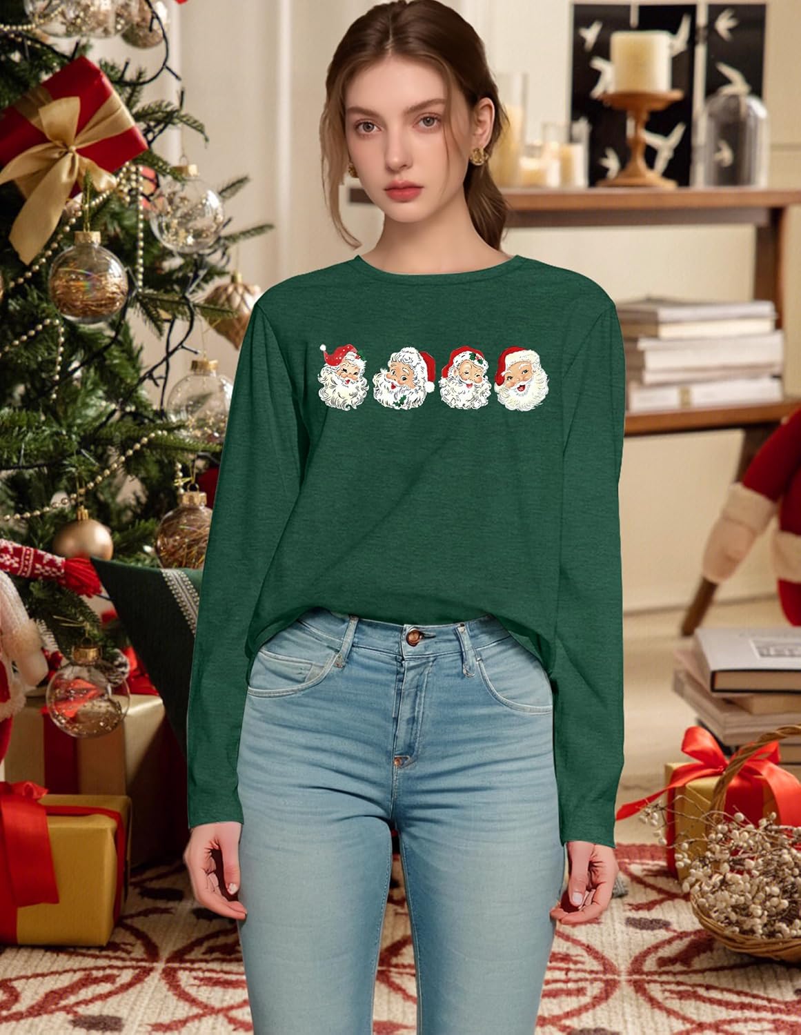 Christmas Shirts for Women: Merry Christmas Letter Print T-Shirts Xmas Tree Graphic Long Sleeve Tops