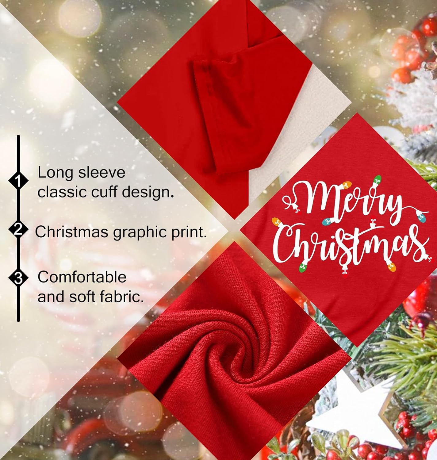 Christmas Shirts for Women: Merry Christmas Letter Print T-Shirts Xmas Tree Graphic Long Sleeve Tops