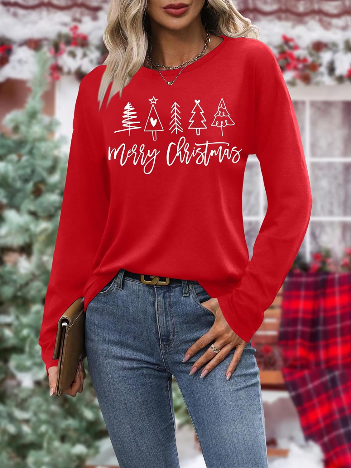 Christmas Shirts for Women: Merry Christmas Letter Print T-Shirts Xmas Tree Graphic Long Sleeve Tops