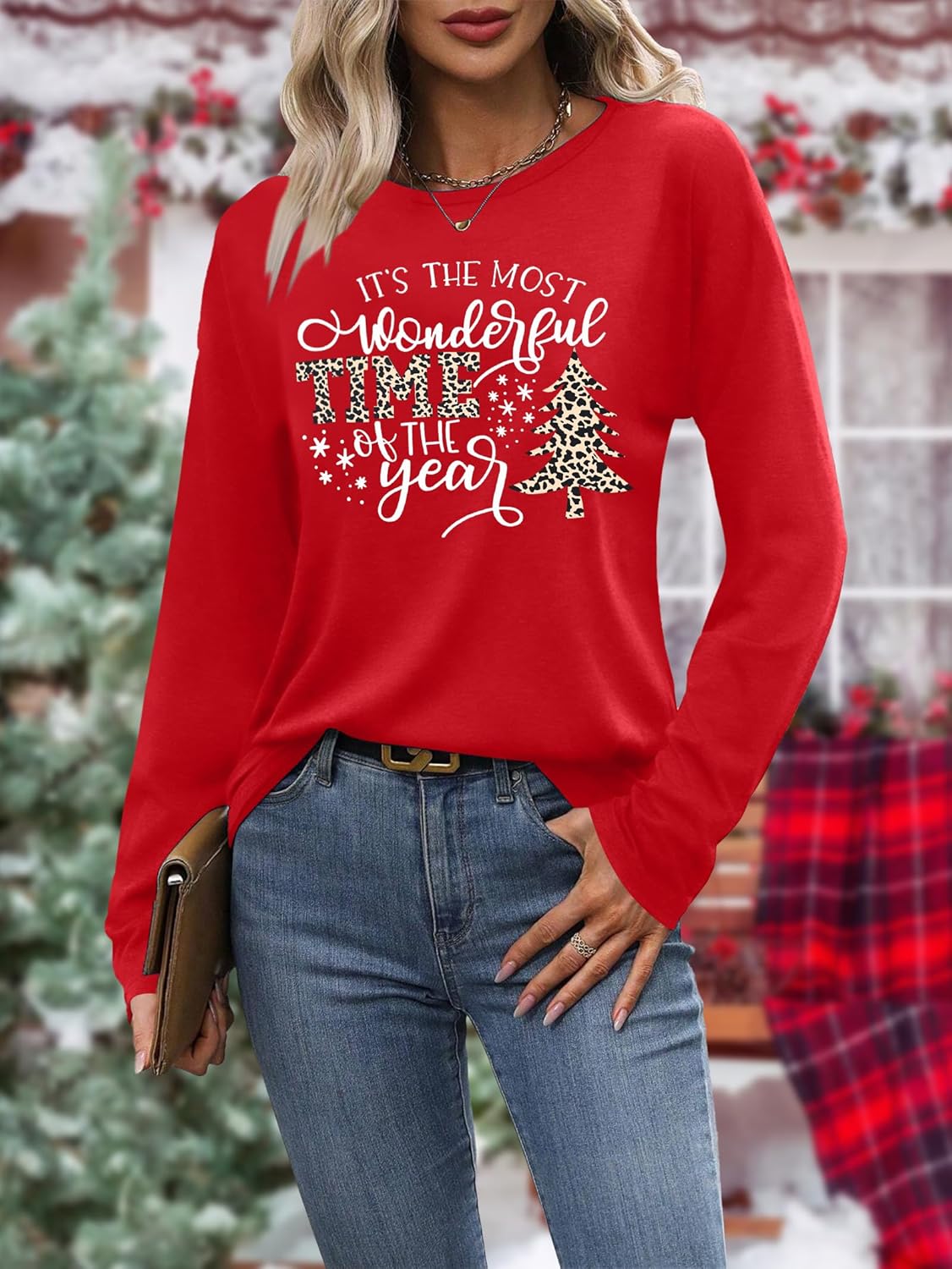 Christmas Shirts for Women: Merry Christmas Letter Print T-Shirts Xmas Tree Graphic Long Sleeve Tops