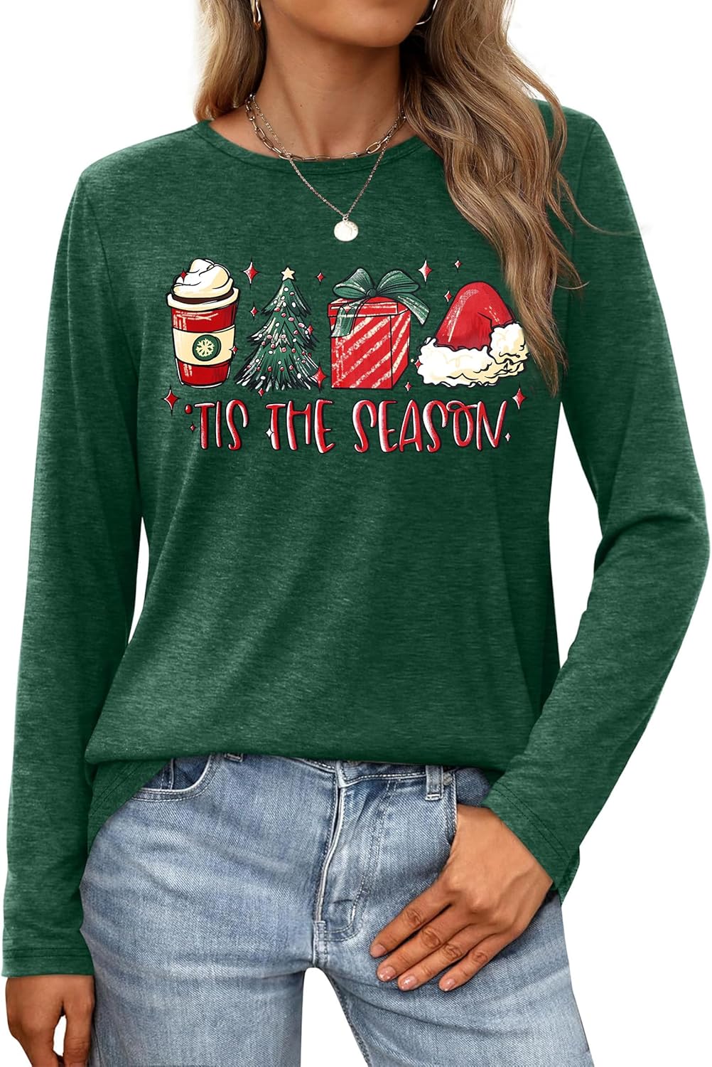 Christmas Shirts for Women: Merry Christmas Letter Print T-Shirts Xmas Tree Graphic Long Sleeve Tops